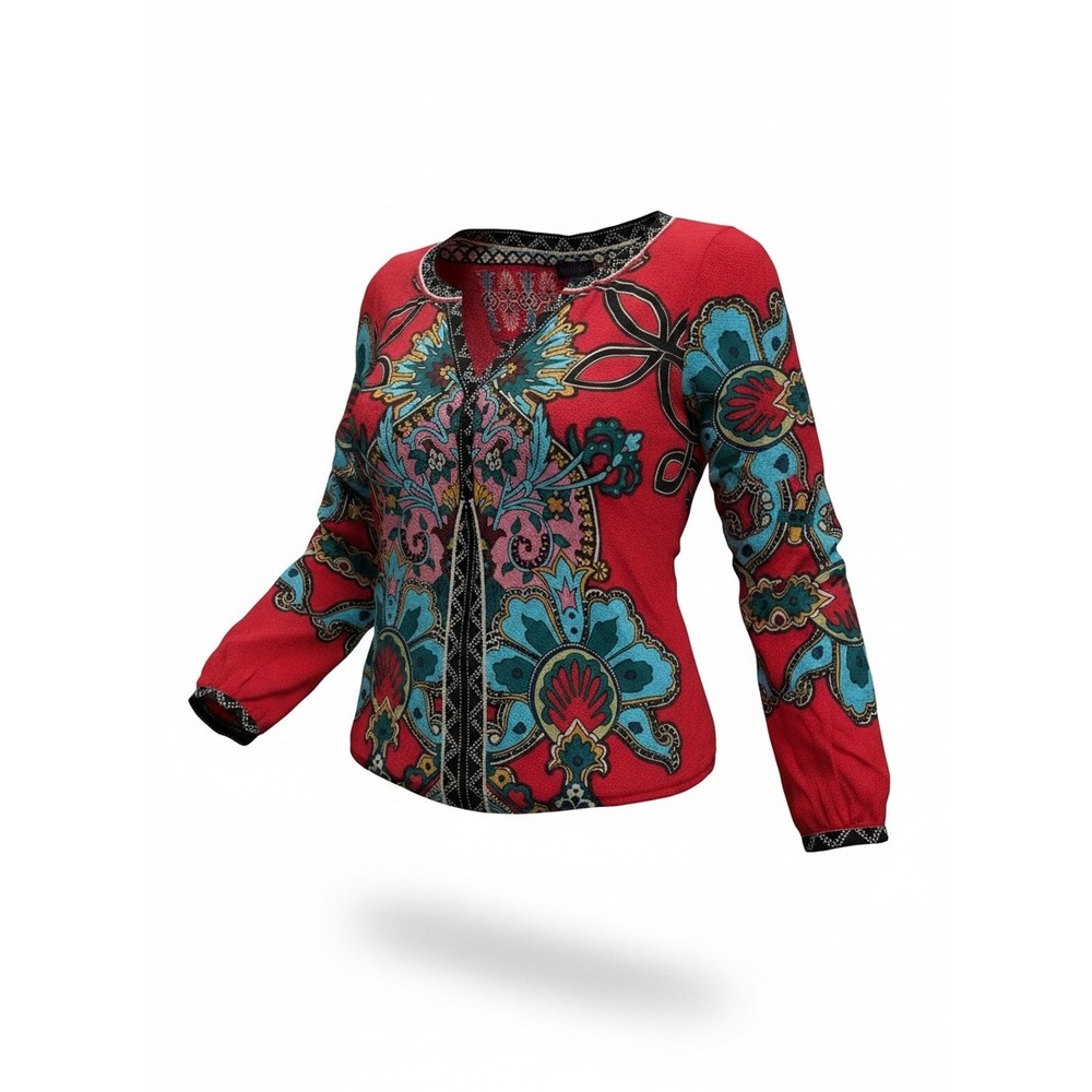 Hale Bob Red Boho Floral Print Long Sleeve Blouse Top Medium